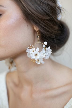 Leaf Earrings Hoop Earrings Boho Drop Earrings Peach Petals Silk Flower Earrings Gold Hoop Earrings