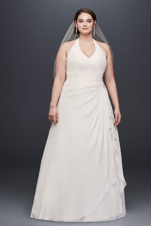 pleated chiffon halter wedding dress with ruffle
