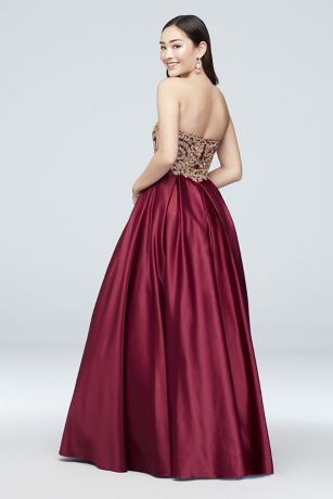 gold corded lace satin ball gown
