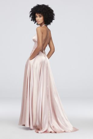 betsy and adam satin strappy back gown