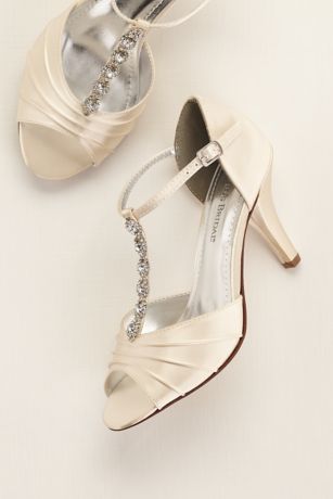 Dyeable Satin Mid Heel Crystal T Strap 