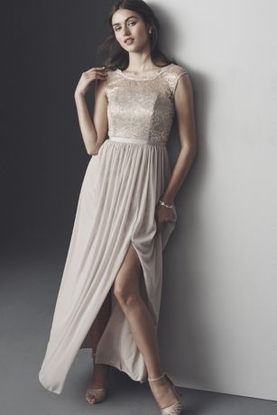 david's bridal long bridesmaid dress with lace bodice