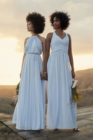 soft mesh halter bridesmaid dress with slim sash