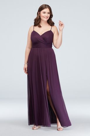 spaghetti strap ruched waist mesh bridesmaid dress