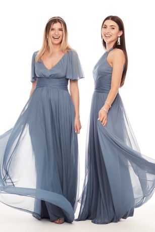 flutter sleeve crisscross mesh bridesmaid dress