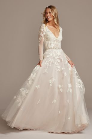 illusion sleeve plunging ball gown wedding dress