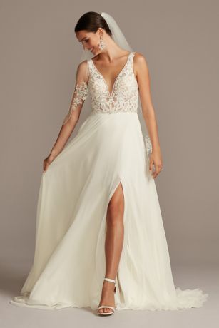 chiffon wedding dress with illusion lace sleeves