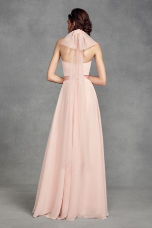 chiffon halter bridesmaid dress with tulle bow