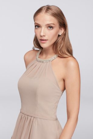 short chiffon dress with beaded illusion neckline