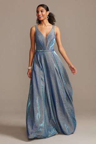 embroidered illusion plunge ball gown