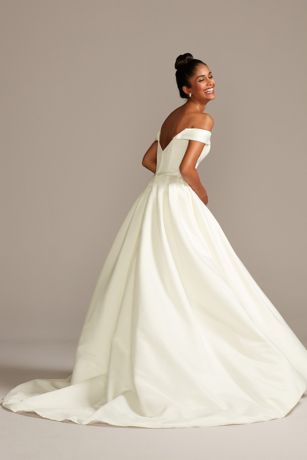 off the shoulder satin ball gown wedding dress