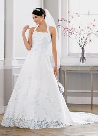 Satin Halter A Line Gown With Beaded Lace Applique David S Bridal