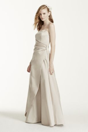 Extra Length Satin Gown With Side Drape Brooch David S Bridal