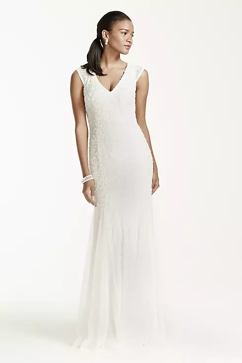 Cap Sleeve Beaded Sheath Gown with Godets Image 1
