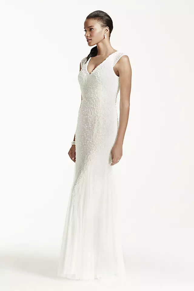 Cap Sleeve Beaded Sheath Gown with Godets Image 3