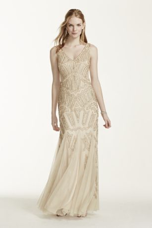 Heavily Beaded Deep V Tank Dress with Godet Skirt David s Bridal