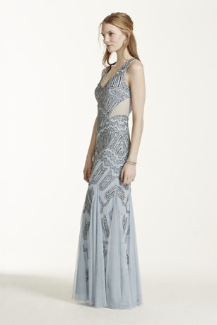 Heavily Beaded Deep V Tank Dress with Godet Skirt David s Bridal