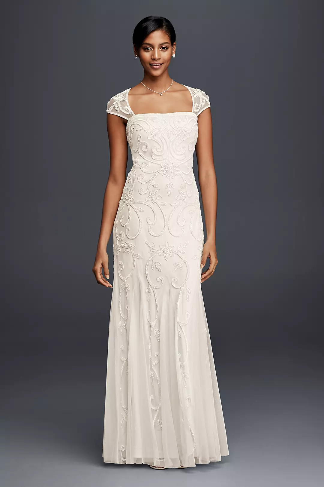 Beaded Sheath Wedding Dress with Cap Sleeves Image