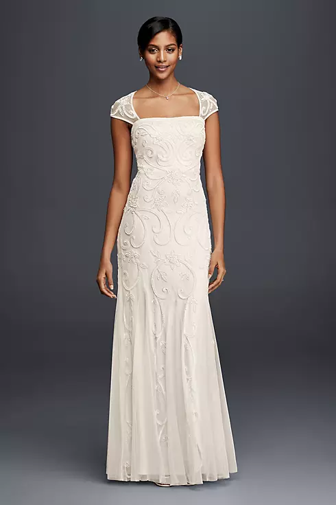 Beaded Sheath Wedding Dress with Cap Sleeves Image 1