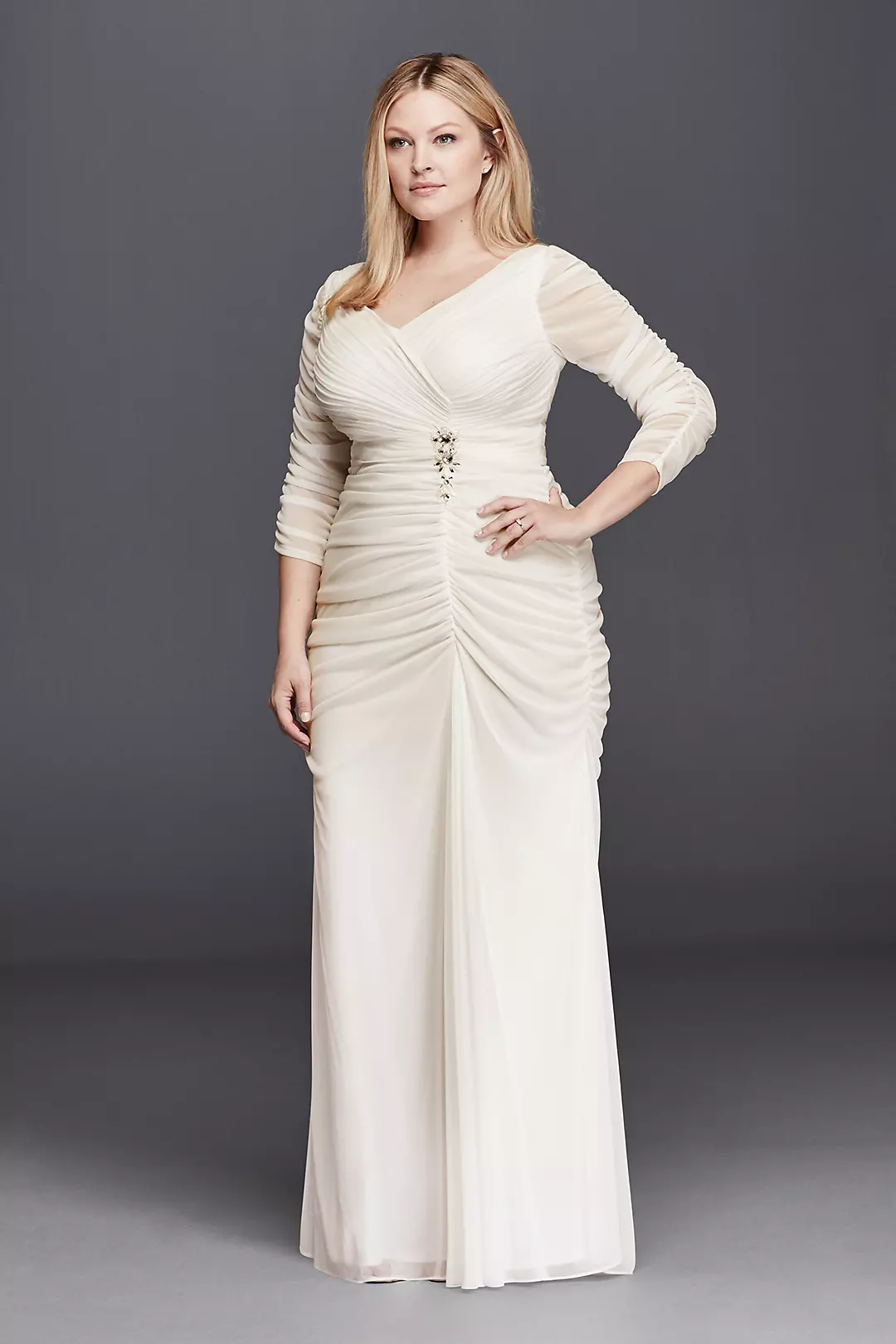 3/4 Illusion Sleeve Wedding Dress with Ruching Image