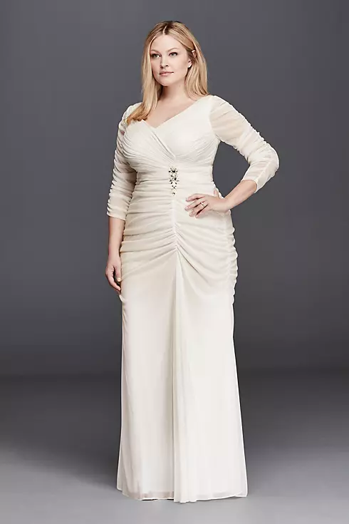3/4 Illusion Sleeve Wedding Dress with Ruching Image 1