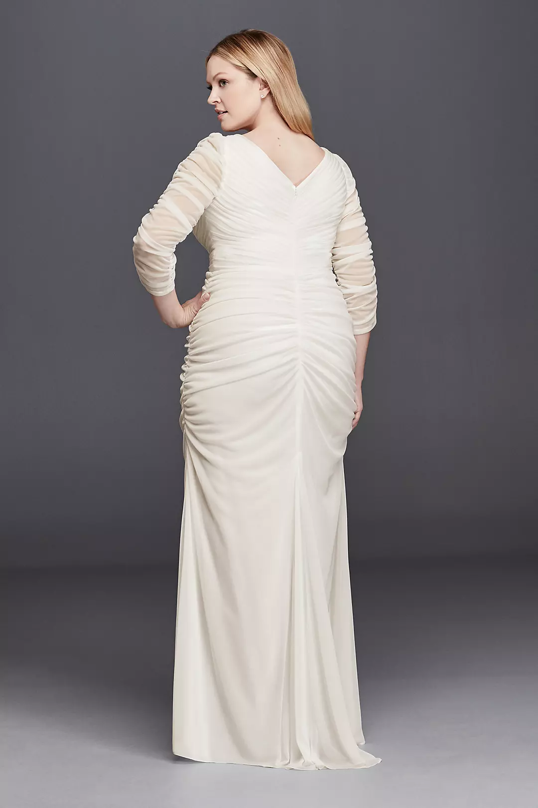 3/4 Illusion Sleeve Wedding Dress with Ruching Image 2