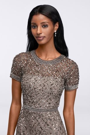 Short Sleeve Sequined Long Dress with Godets | David's Bridal