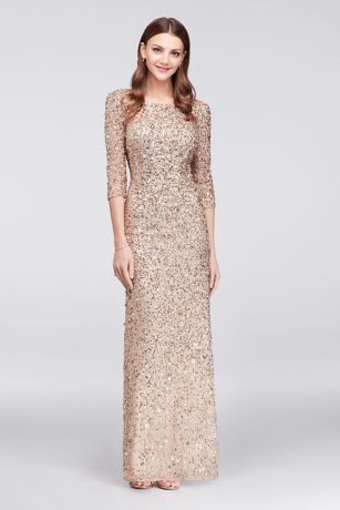 3/4-Sleeve Scoop-Back Sequin Gown | David's Bridal