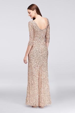 scoop back sequin gown with three quarter sleeves