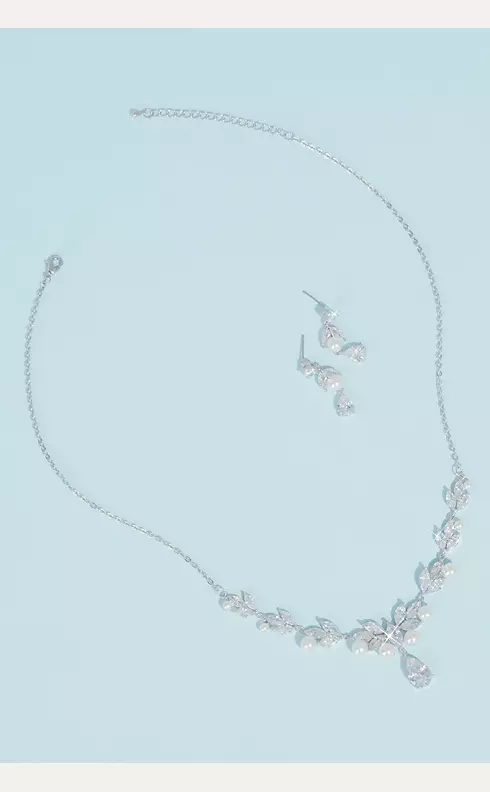 Pearl Cubic Zirconia Leaf Necklace and Earring Set Image 1