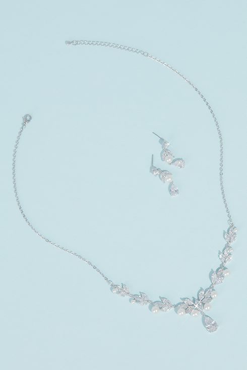 Pearl Cubic Zirconia Leaf Necklace and Earring Set Image 4