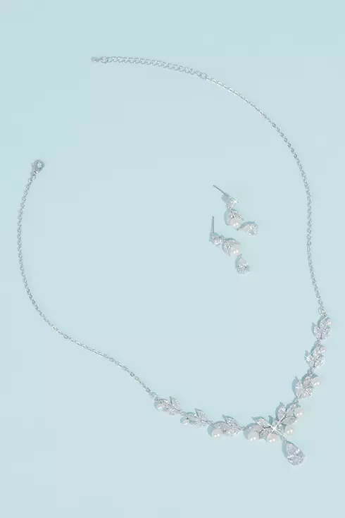 Pearl Cubic Zirconia Leaf Necklace and Earring Set Image 1