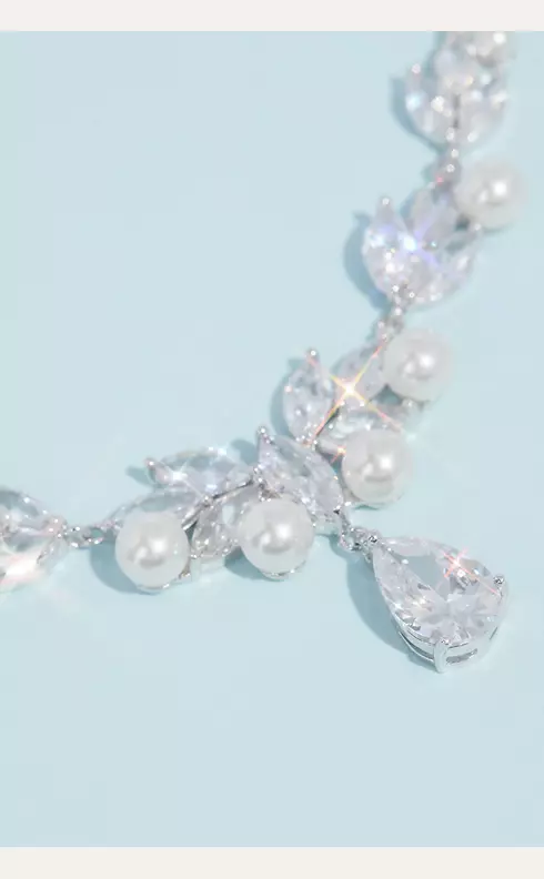 Pearl Cubic Zirconia Leaf Necklace and Earring Set Image 2