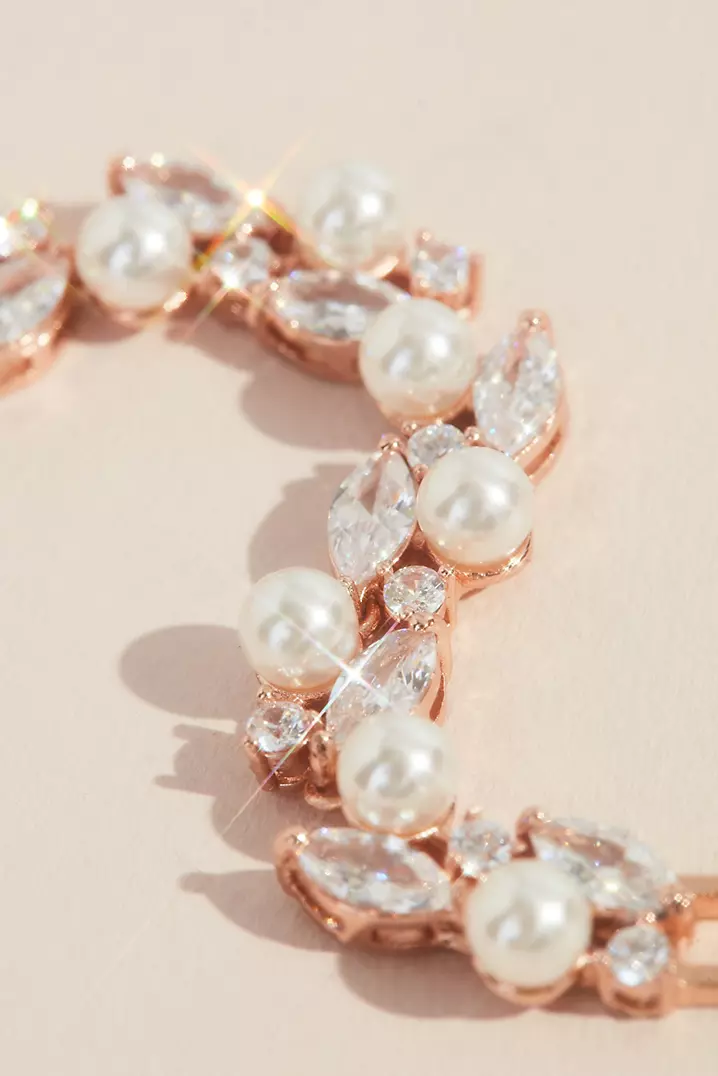 Pearl and Cubic Zirconia Crystal Leaves Bracelet | David's Pearl and Cubic Zirconia Crystal Leaves Bracelet | David's