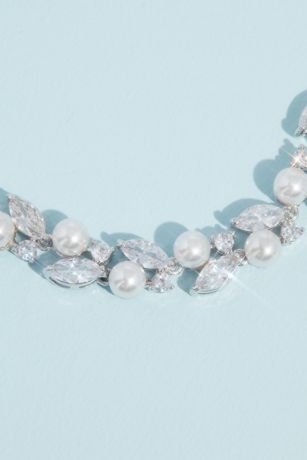Pearl and Cubic Zirconia Crystal Leaves Bracelet Image 2