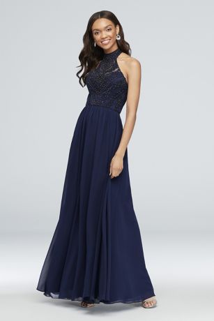 navy high neck prom dress