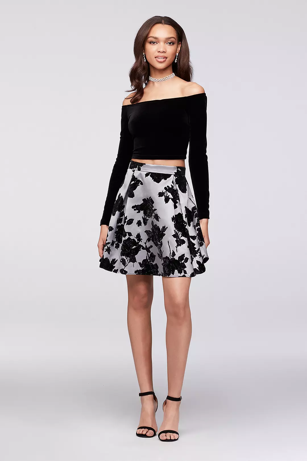 Velvet Top Off-the-Shoulder and Flocked Skirt Set Image