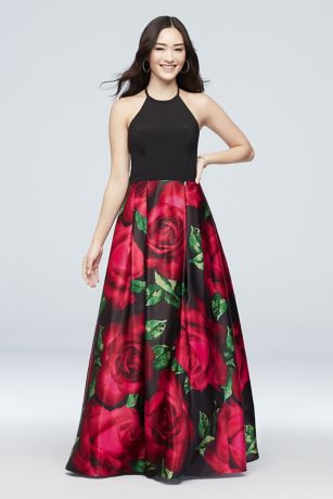 black prom dress with red flowers