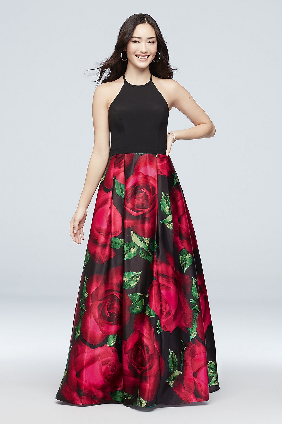Printed Satin Tie-Neck Halter Ball Gown Image 4