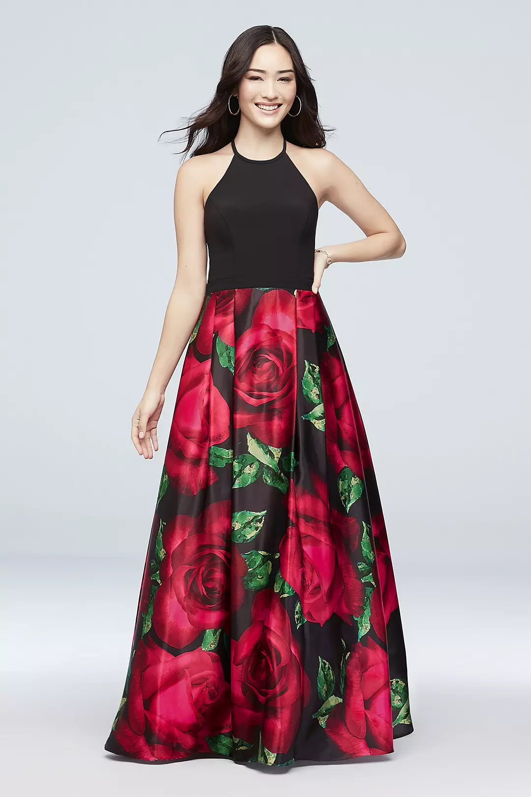 Printed Satin Tie-Neck Halter Ball Gown Image
