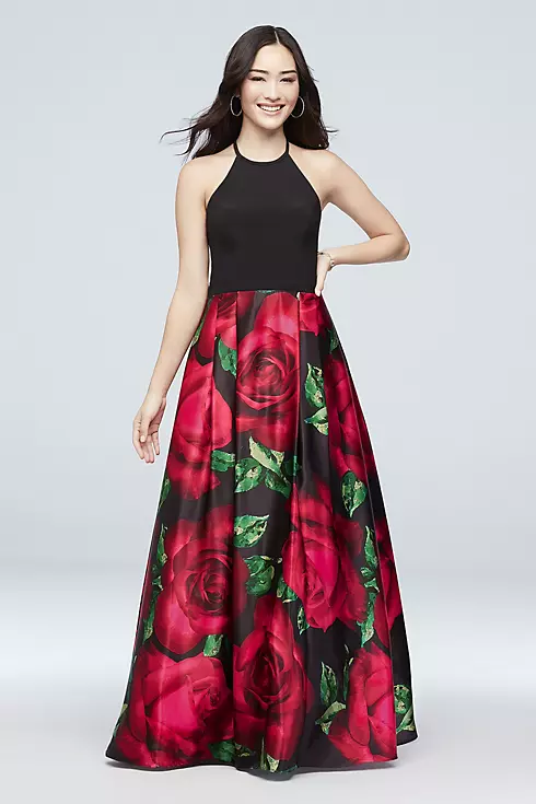 Printed Satin Tie-Neck Halter Ball Gown Image 1