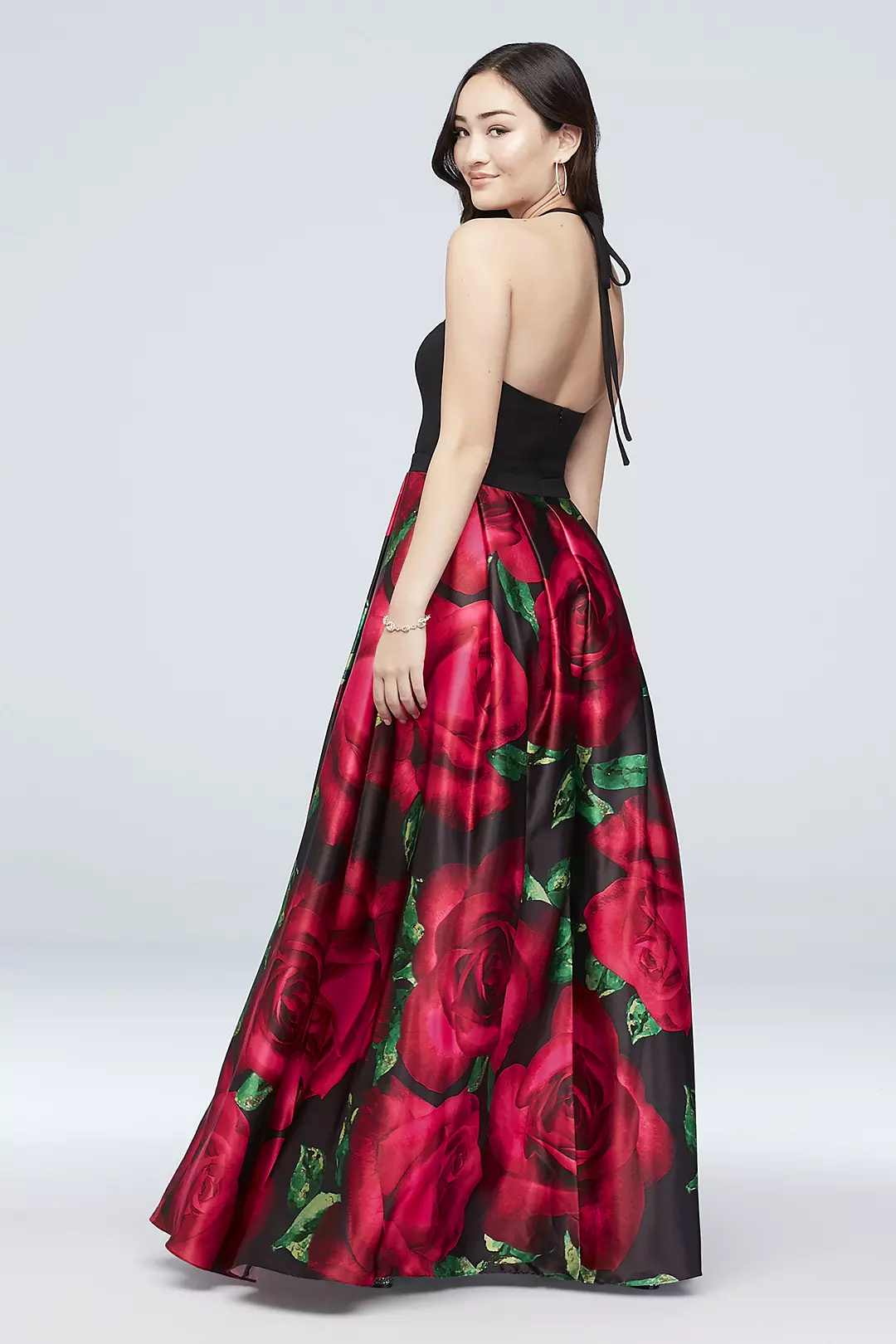 Printed Satin Tie-Neck Halter Ball Gown Image 2