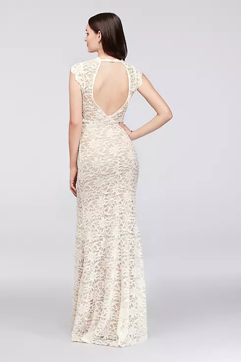 High-Neck Allover Lace Sheath Gown with Open Back Image 2