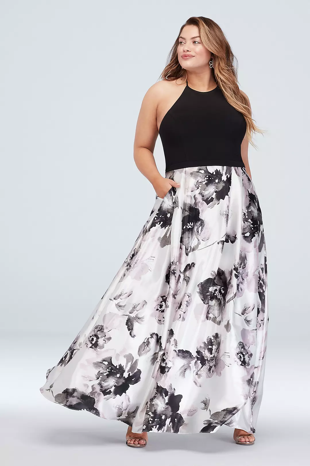 High-Neck Floral Ball Gown with Pockets Image