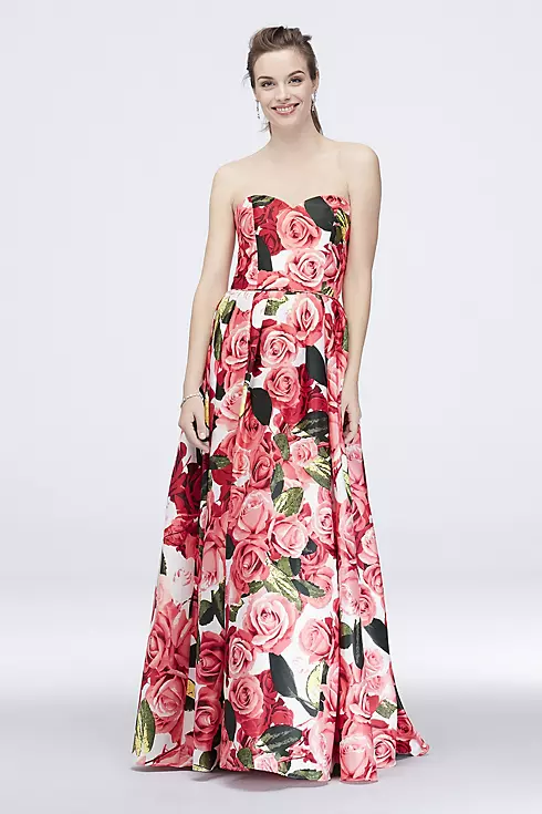 Satin Lace-Up Strapless Floral-Printed Ball Gown Image 1