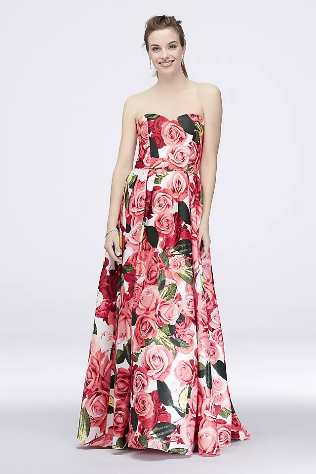 Satin Lace-Up Strapless Floral-Printed Ball Gown Image