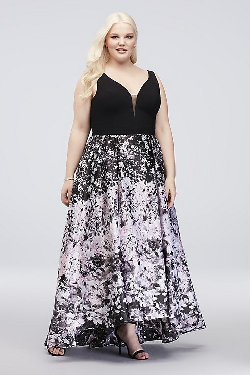 V-Neck Plus Size Ball Gown with Floral Print Skirt Image 1