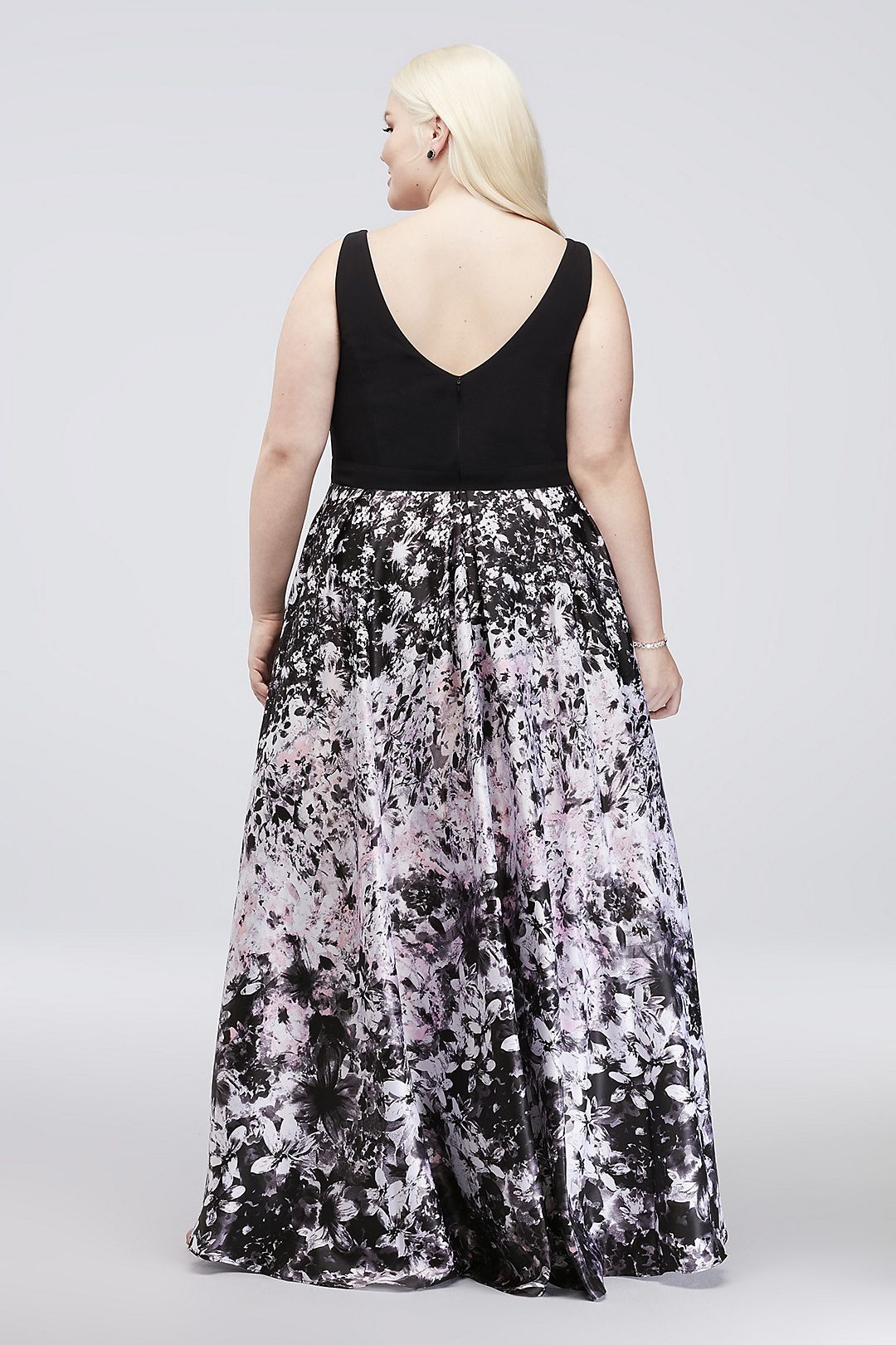 V-Neck Plus Size Ball Gown with Floral Print Skirt Image 2