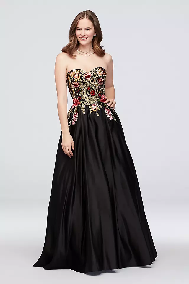 Strapless Satin Floral Embroidered Ball Gown Image