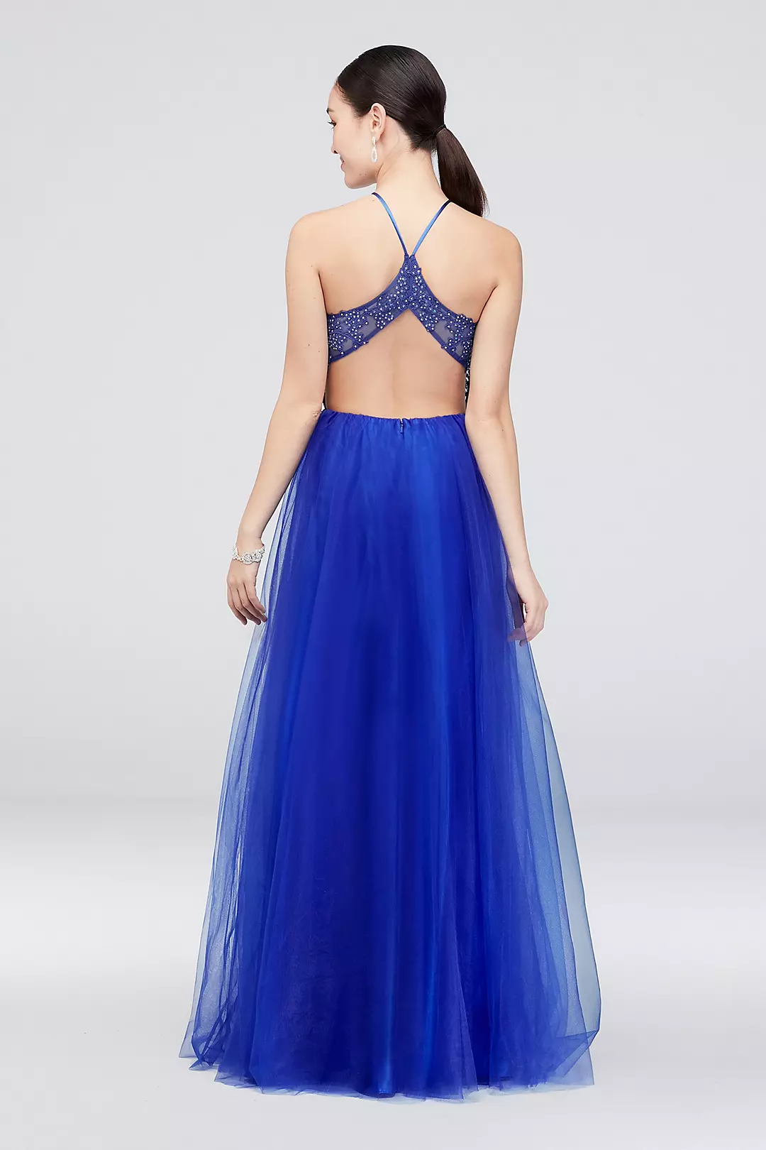 Mesh Illusion Halter Ball Gown with Flowy Skirt Image 2